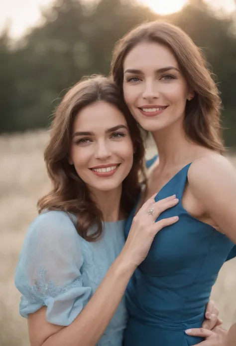 mulher muito feliz e realizada com sua vida, com uma roupa elegante azul, bem vestida, sorrindo com um sorriso lindo, with another woman in front of her holding out her hands to each other, felizes