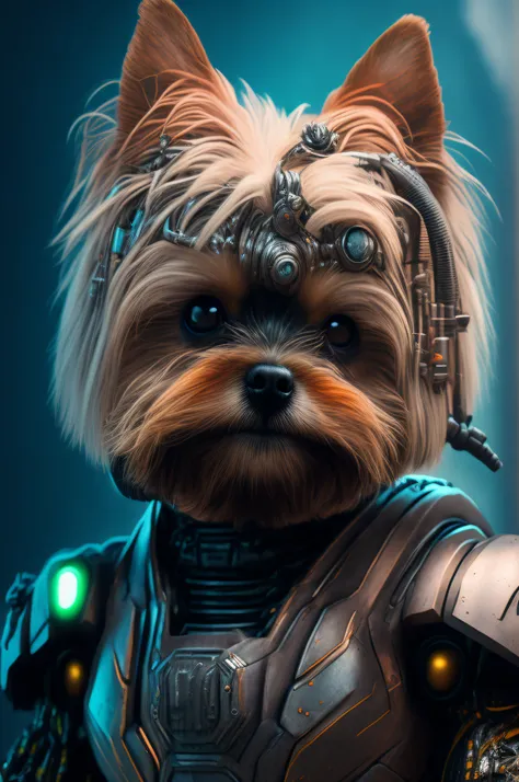 Yorkshire Terrier (robot) dog as Doom Slayer, realistic sci-fi cyberpunk power armor robot, close-up portrait