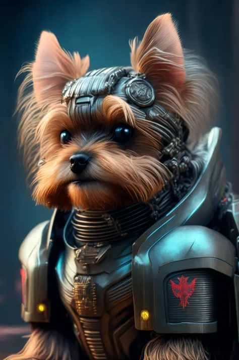 Yorkshire Terrier (robot) dog as Doom Slayer, realistic sci-fi cyberpunk power armor robot, close-up portrait