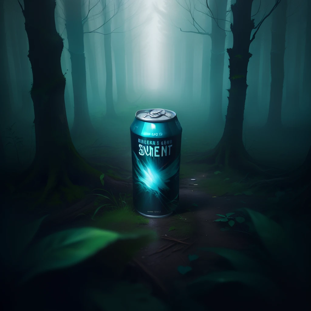 A can is placed in a dark and eerie forest