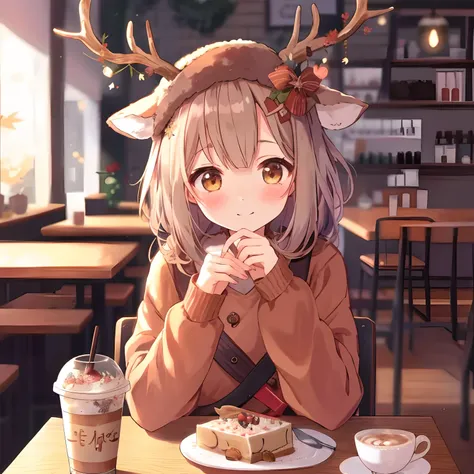 Anime girl with deer antlers sitting at table with cake, Anime visuals of cute girls, 🍂 Cute, Cute anime girl, 🍁 Cute, mysterious coffee shop girl, Cute Anime, Cute:2, cozy cafe background, anime style 4 k, kawaii realistic portrait, cute anime style, sitt...