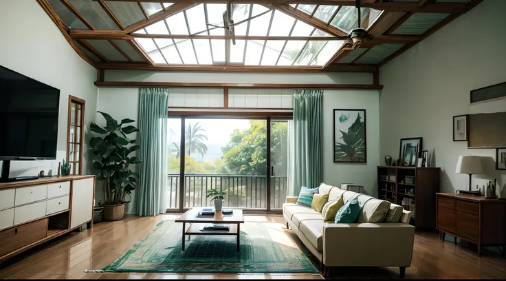 Living room, mid-century modern, bright and airy, monstera plant, exotic ceiling fan, rattan, tv counter, tv on the wall, whitewash wall, zen, wabi sabi, square coffee table, computer desk in the back, 4k