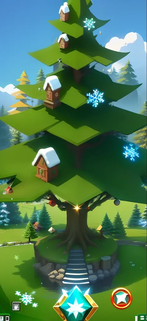 Background image of the main interface of the mini game，Christmas tree with snowman and snowman cartoon image, nipple play, a fish climbing a tree, gameplay, ingame image, sword stuck in a pond island, 2 d game, scutoid, game footage, flying trees and park...