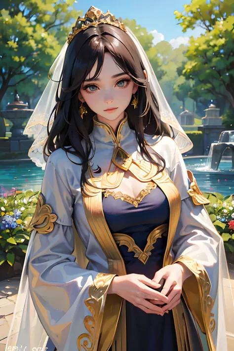 (best quality,4k,8k,highres,masterpiece:1.2),ultra-detailed,(realistic,photorealistic,photo-realistic:1.37), a young 18-year-old princess with black hair and green eyes, princess clothes, medieval, long flowing hair, fair skin, delicate facial features, ro...