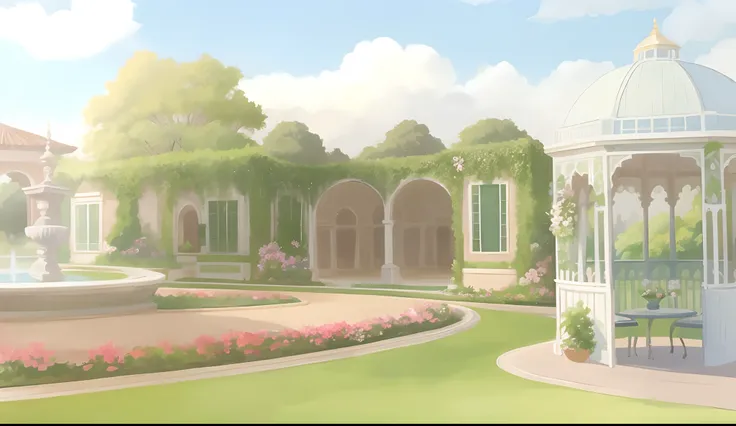 There is a gazebo in the middle of a garden with a fountain, Fundo do jardim real, palace background, Arte de fundo, arte de fundo do anime, anime scenery concept art, arte de fundo, anime scenery, Fundo do anime, beautiful anime scenery, fundo do jardim, ...