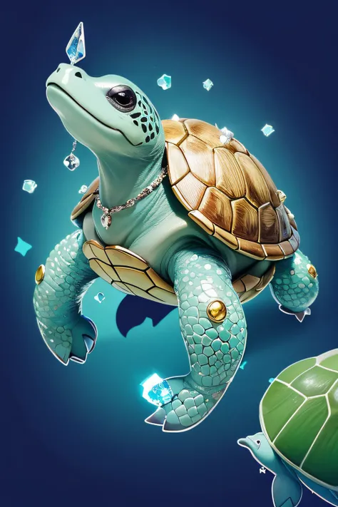 Cartoon illustration of baby turtle studded with hooves on crystal, Cartoon animal portrait, Magical characters, official illustrations, Cute portrait of baby turtle studded with hooves in crystal