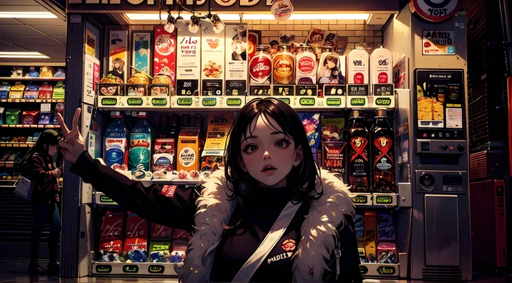 araffe vending machine with a seductive woman standing in front of it, lofi girl, stood in a supermarket, in a mall, super vibrant cyberpunk, lofi girl aesthetic, convenience store, soda themed girl, smooth in _ the background, semi-realism, at a mall, (((...