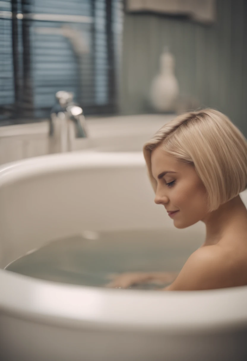 petite blonde with a bob haircut taking a bath with a tiny man