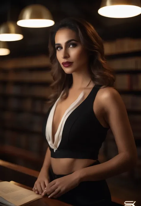 Rosita Lasari, (8k), (photorealistic:1.4),best quality, ultra high res, highly detailed eyes, 1girl, in library, sexy pose, cleavage cutout, fine cloth