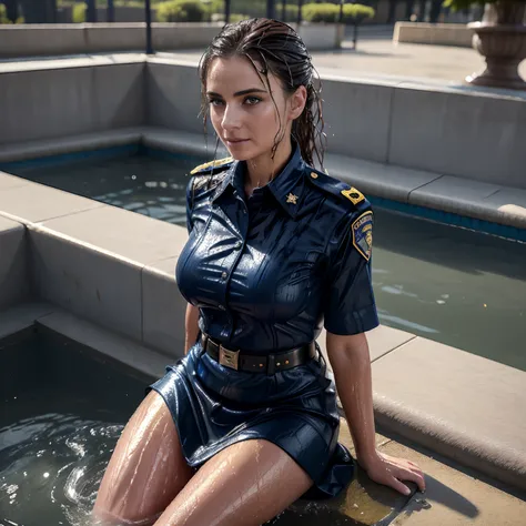 (best quality, 8k, 32k, masterpiece, uhd:1.2),woman in police uniform sitting in a city fountain, wearing a dress made of water,...