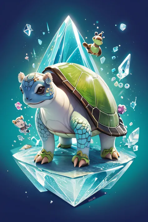 Cartoon illustration of baby turtle studded with hooves on crystal, Cartoon animal portrait, Magical characters, official illustrations, Cute portrait of baby turtle studded with hooves in crystal