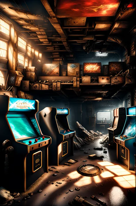 post-apocalyptic_play_zone , a room with several machines, Filip Hodas, unreal engine render, a 3D render, neogeo,Arcade, retro, nostalgic