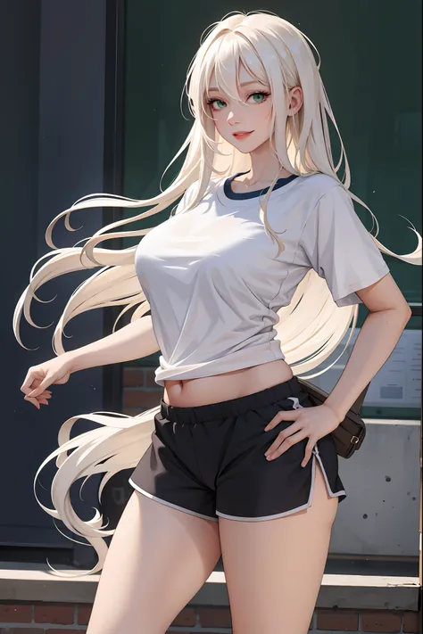 (masterpiece:1.2, best quality), (real picture, intricate details), 1lady, solo, whole body, long hair, minimal makeup, detailed face, smiling, really long light platinum blonde hair, bangs, hair between eyes, green eyes, big plump breasts, big ass, SFW, c...