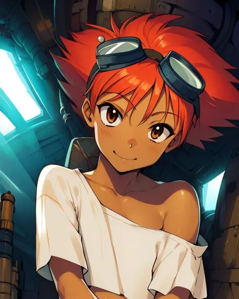 Edward,  tan skin, tomboy, midriff, orange hair, (white loose shirt), off shoulder, spiked hair, barefoot, bike shorts, brown eyes, goggles on head, upper body, 
space station, engine room, 
 (insanely detailed, beautiful detailed face, masterpiece, best q...