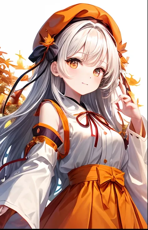 girl with、No background、without background、Background through、Golden white hair、Two knots、Twin-tailed、Orange-eyed、Orange eyes、Orange-eyed beret、bow ribbon、Orange skirt、white  shirt、Colored leaves、momiji、autumnal、Colored leaves、kawaii、