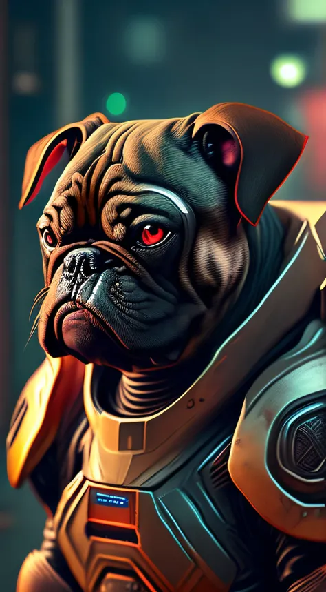 Doom Slayer dog-shaped robot「pug」Close-up portrait of sci-fi cyberpunk power armor depicting realistic