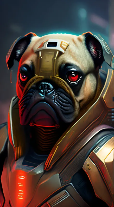 Doom Slayer dog-shaped robot「pug」Close-up portrait of sci-fi cyberpunk power armor depicting realistic