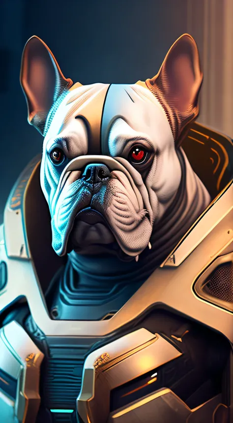 Close-up portrait of sci-fi cyberpunk power armor realistic depicting the dog-shaped robot "Bulldog" for the Doom Slayer