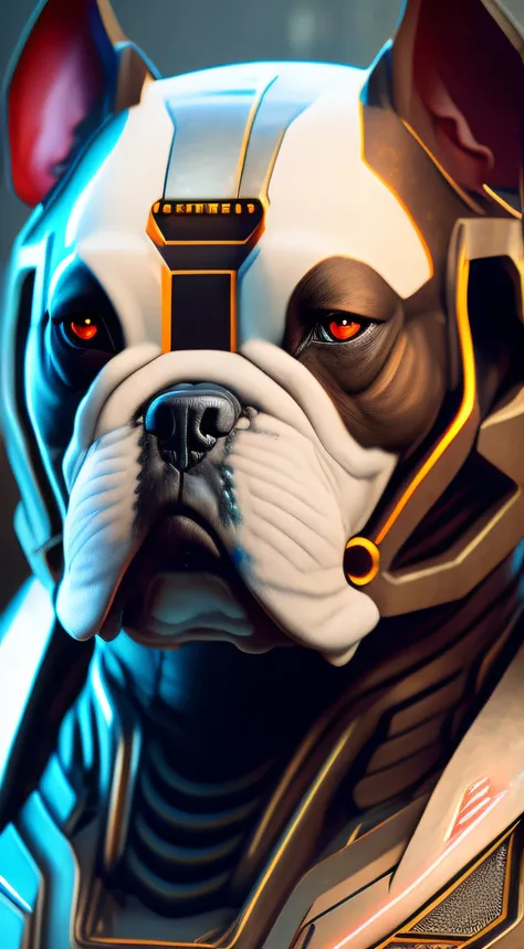 Close-up portrait of sci-fi cyberpunk power armor realistic depicting the dog-shaped robot "Bulldog" for the Doom Slayer