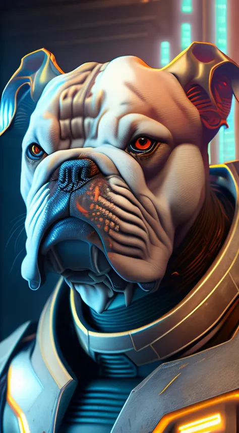 Close-up portrait of sci-fi cyberpunk power armor realistic depicting the dog-shaped robot "Bulldog" for the Doom Slayer