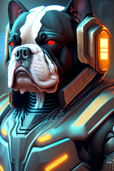 Close-up portrait of sci-fi cyberpunk power armor realistic depicting the dog-shaped robot "Bulldog" for the Doom Slayer