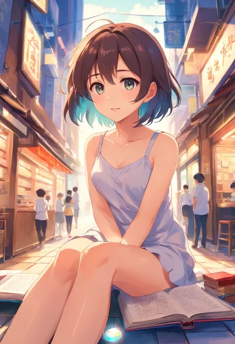 Cute femboy，Barefoot，Tummy down，head looking up，Raise your feet，shift dresses，white  panties，largeeyes，Anime cute face，looking at book，Wet da, no shirt