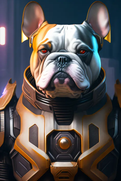 Close-up portrait of sci-fi cyberpunk power armor realistic depicting the dog-shaped robot "Bulldog" for the Doom Slayer