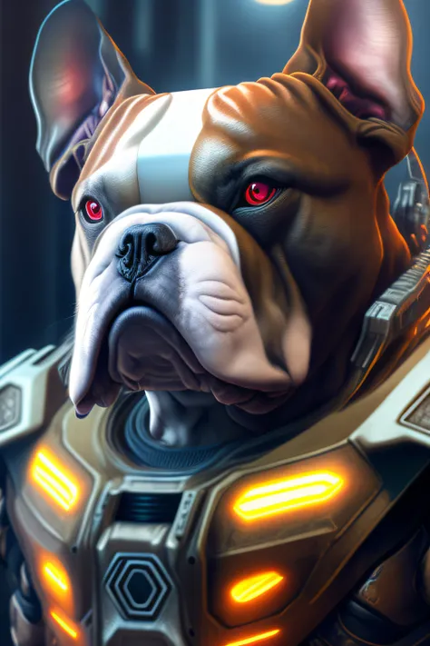 Close-up portrait of sci-fi cyberpunk power armor realistic depicting the dog-shaped robot "Bulldog" for the Doom Slayer