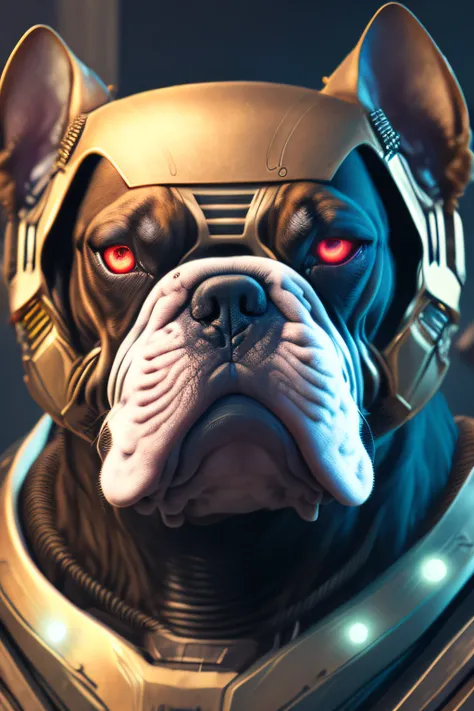 Close-up portrait of sci-fi cyberpunk power armor realistic depicting the dog-shaped robot "Bulldog" for the Doom Slayer