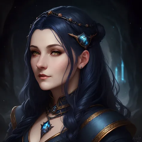 a close up of a woman with dark blue hair, fantasy art style, beautiful, detailed matte fantasy portrait, fantasy concept art portrait, fantasy art portrait, portrait female wizard, portrait noble woman, fantasy portrait, portrait of a noble, motherly, mid...