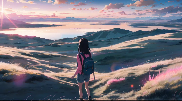 The vast sky, beautiful pinkish and cyan combined skyline, large grasslands, extremely tense and dramatic pictures, moving visual effects, the high-hanging Polaris, and colorful natural light. A long-sleeved top, denim shorts, and a girl with a backpack.