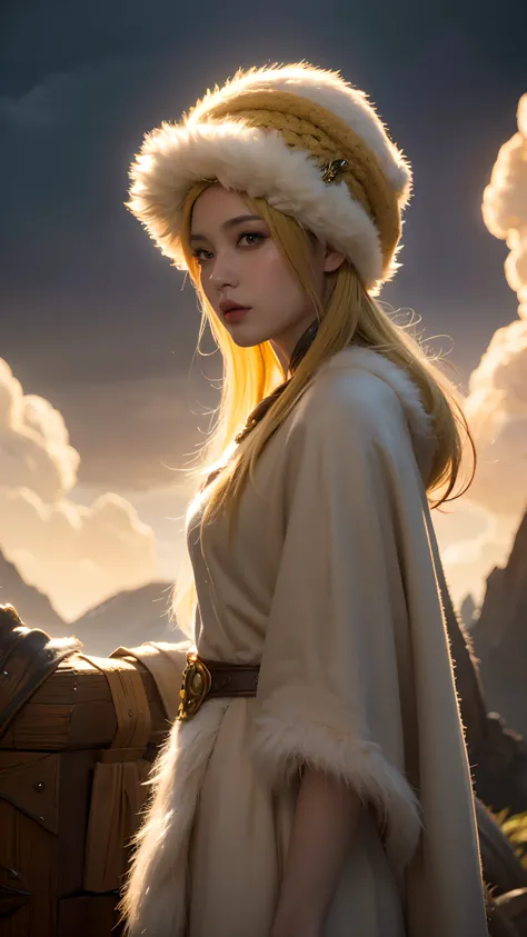 Young woman，Yellow hair, fluffy clothes and fluffy hat, fantasy character art, Awesome character art, Epic fantasy character art, hd fantasy art, epic exquisite  character art, Realistic fantasy artwork, Fantasy Woman, Epic fantasy art style HD, fantasy ch...