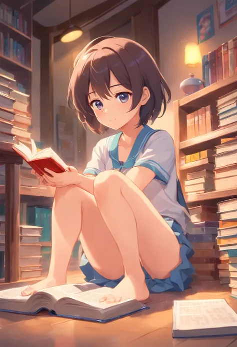 Cute femboy, Barefoot，Tummy down，head looking up，Raise your feet，skirt，white  panties，largeeyes，Anime cute face，looking at book，Wet da, no shirt, bare chest, flat chest, buldge in panties