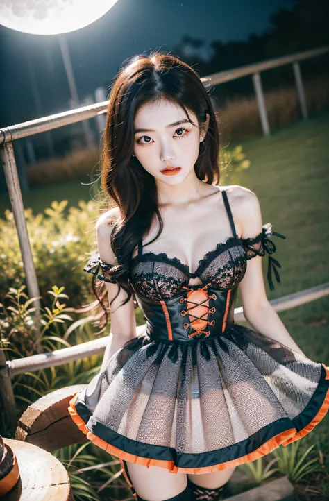 Morning Musume no Eri, Dressed in seductive Halloween costumes, Stand near unforgettable beauty, Abandoned merry-go-round. Background reveals ghostly silhouette, Add a spooky atmosphere. The scene is set at night, Moonlight gives Eli a soft glow, Highlight...