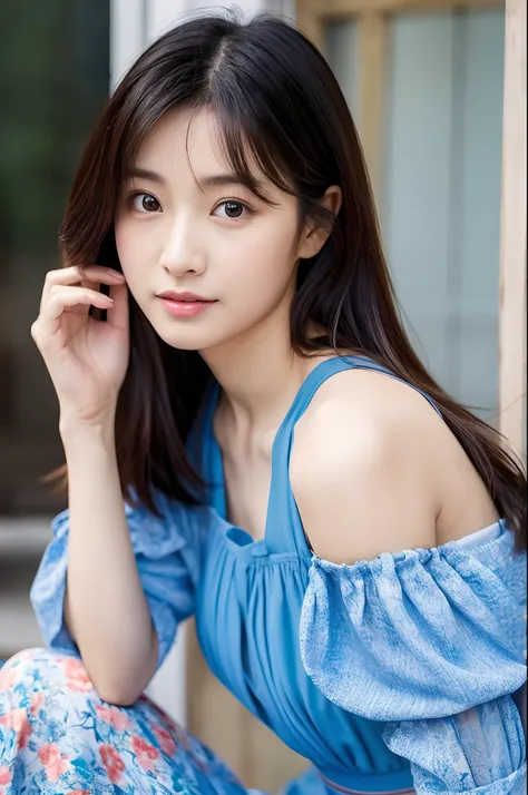 there is a woman posing for a picture in a blue dress, a picture by Ayami Kojima, instagram, shin hanga, 奈良美智, heonhwa choe, lee ji-eun, lee ji - eun, cute korean actress, kimi takemura, jaeyeon nam, girl cute-fine-face