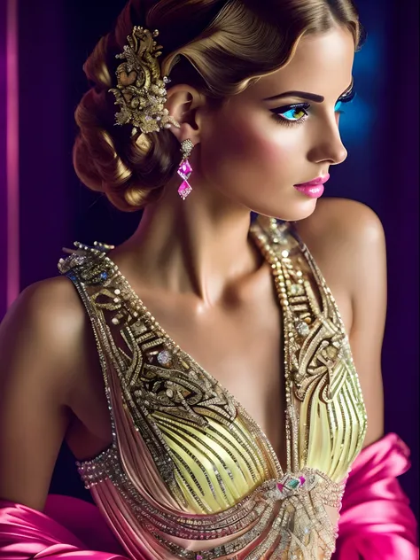 (masterpiece) A stunning closeup image of a sensual and insanely stunning modern-day aristocrat with a twist of rococo extravance, reminiscent of Tamara de Lempicka’s Art Deco elegance. Incorporated bold neon lights to highlight the intricate rococo detail...