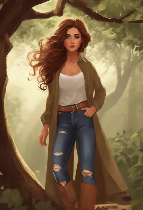 mulher, adolescente, estilo anime, peitos enormes, Hair hitting the floor, cabelo enorme, cabelo ondulado, castanho claro com pontas castanho mel, hair messy, Hair with tree branches, saindo um esquilo do cabelo, pele branca bronzeada, olhos castanhos clar...