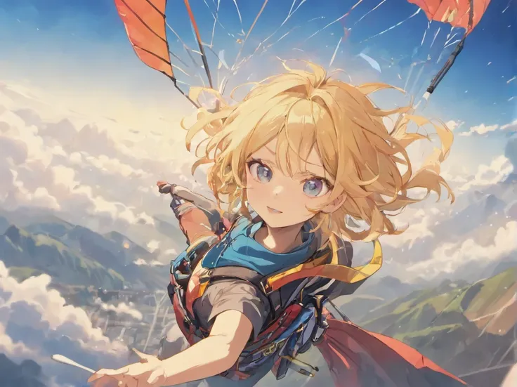 upper sky，Paragliding，Listen to Coke，protective goggles，closeup of face，Big wind，ricefield，with blue sky and white clouds，shelmet，Drink drinks