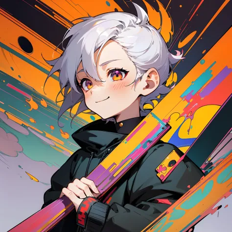 ultra-quality, ( ultra detailed original illustration), ((Chibi Mode)),( Happy look of a boy, Red Eye, Short hair, White hair, Sunny Smile, Upper body, Perfect body), ((street wear,Parker Fashion)), ((cherry blossom)(Graffiti)), double exposure, fussion of...