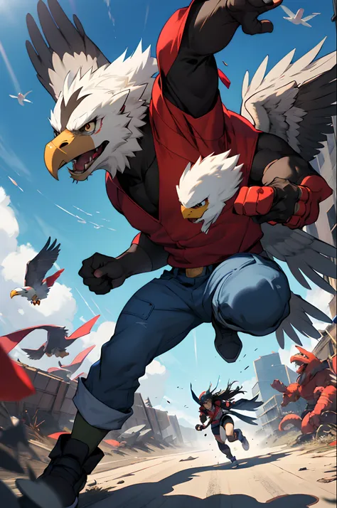 Optimus Prime and a waifu holding a Pokeball, surrounded by pokemon monsters and fighting them. Bald eagle flying above in the sky. The american flag is in the background.