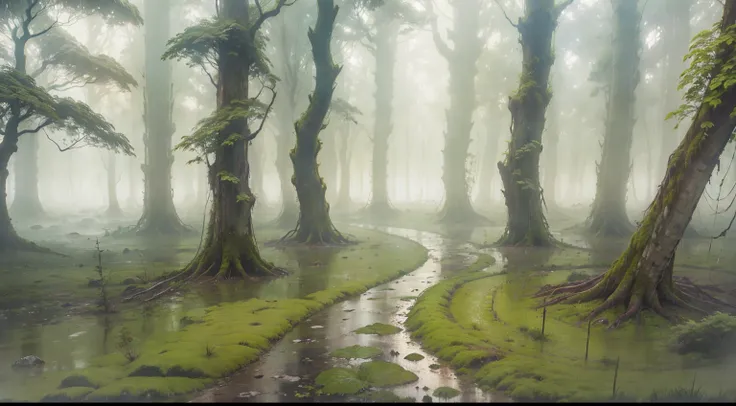 A picturesque scene of a rainy forest, capturing the essence of a muddy path winding through towering trees, the rain-slicked leaves, and misty surroundings