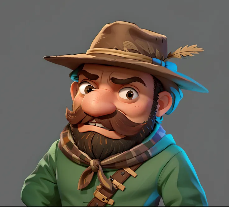 Hunter in a hat，Beard，big beard，smiling expression，large nose，European cartoon style