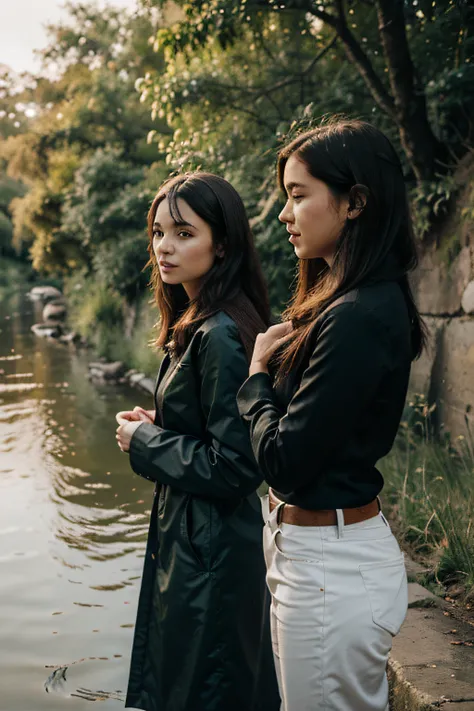 Two women talking by a river