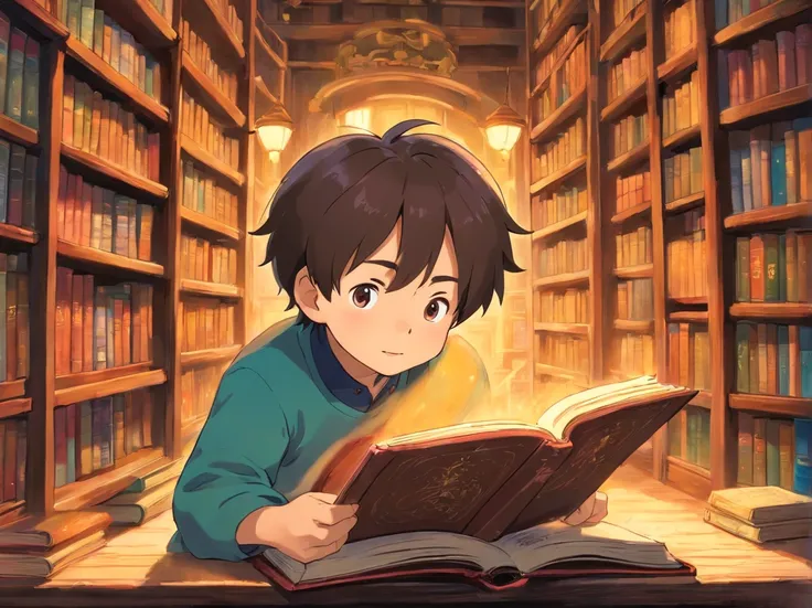 The little boy read intently，The face was full of excitement and curiosity。The large bookshelves around are lined with old books，The air smells of dust and history。