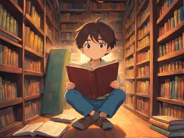 The little boy read intently，The face was full of excitement and curiosity。The large bookshelves around are lined with old books，The air smells of dust and history。