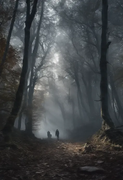 dunkler mystischer Wald, somber mood, neblig, schatten, mond