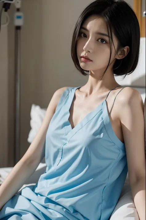 a girl with shoulder length straight short black hair, wearing a hospital gown, slimlying,thin, on a hospital bed, tears, close-...