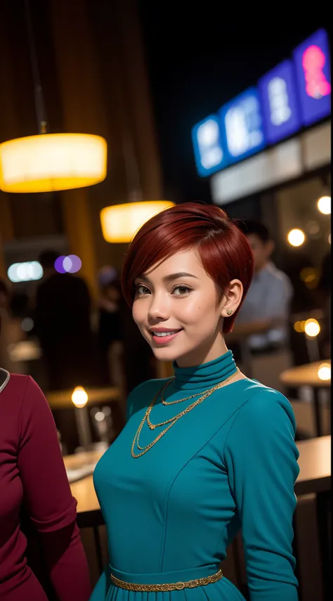 Malay girl, very short red hair, side swept pixie haircut, wear soft blue peplum Dress , laughing and posing with hand on head, touching her own head, wear handbag, from back view, windy, detail skin, age spot, detail skin texture, mole below eyes, small b...