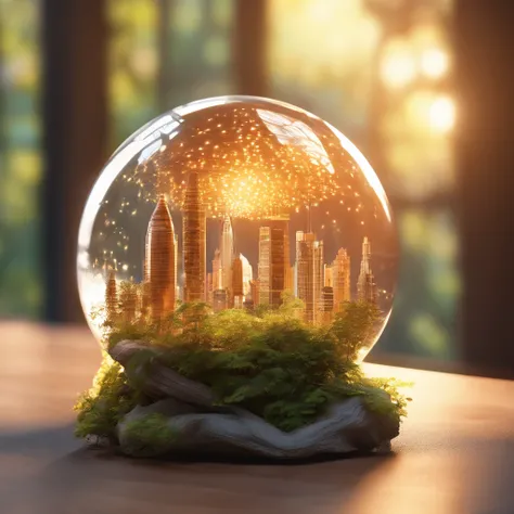 Photography shot with Canon EOS R5 using a 50mm lens. The scene captures a pristine glass orb delicately cradling a detailed miniature of the Petronas Twin Towers. This orb sits atop a polished oak desk in the midst of a forest. Bright sunlight filters thr...