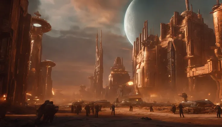 Futuristic sci-fi wasteland style city，Future wars are wasted，flame of war，karo，Wasteland，sci-fy, Many sci-fi buildings, 16:9